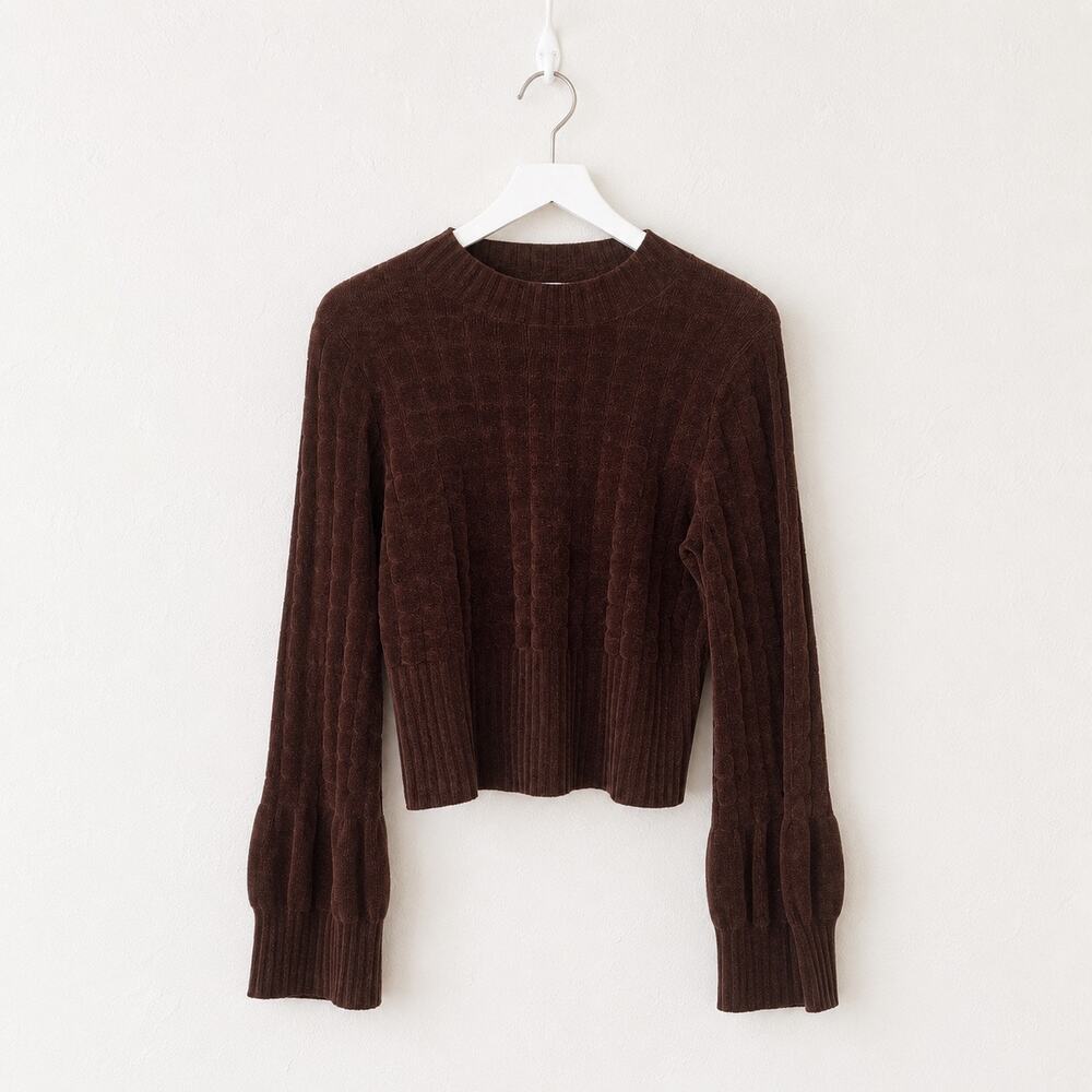 Rebecca Taylor Brown Quilted Velvet Sweater Size M Balloon Sleeve Textured Knit